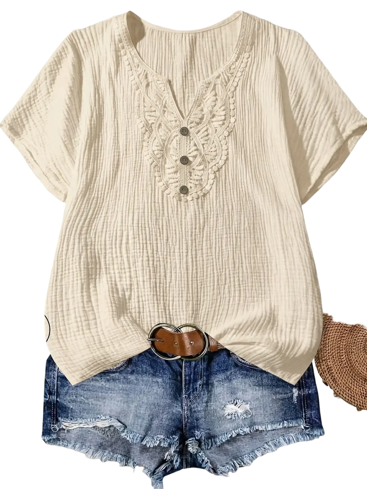 Cream-colored women cotton short-sleeve top with ribbed fabric and lace detailing around the v-neckline