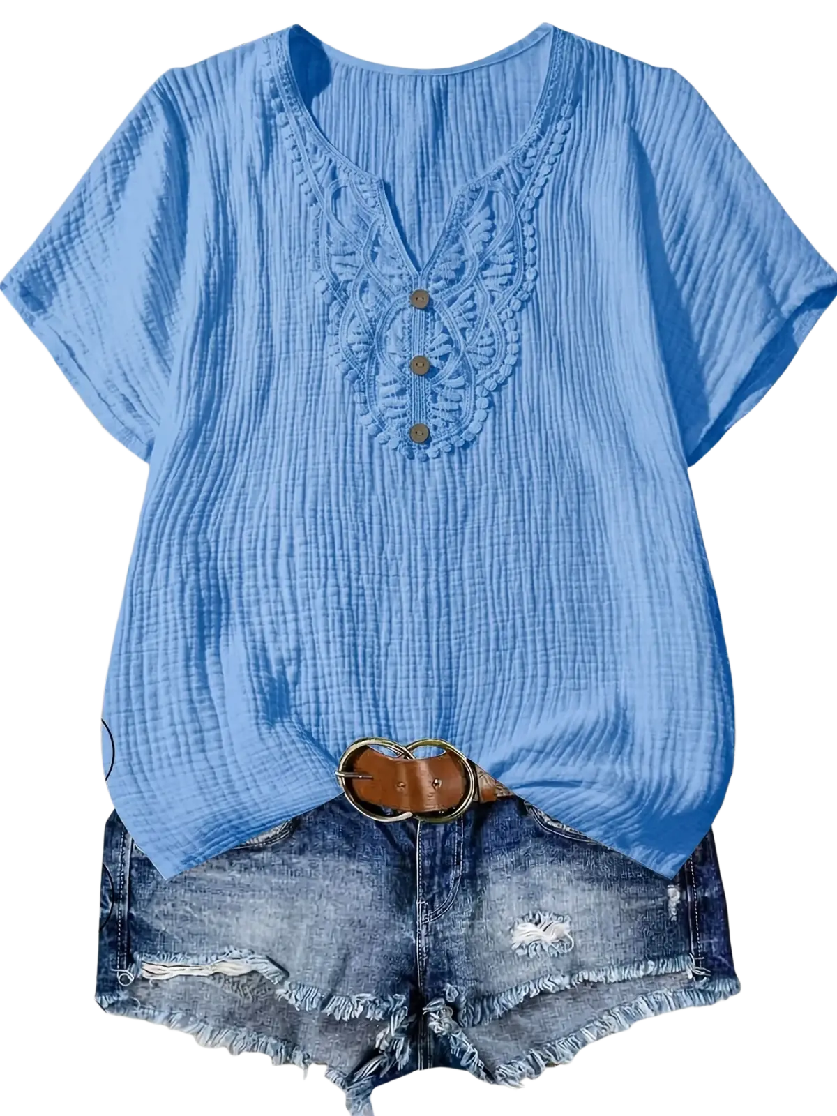 Women cotton lace v-neck casual short-sleeve shirt in light blue with ribbed fabric and embroidered detailing