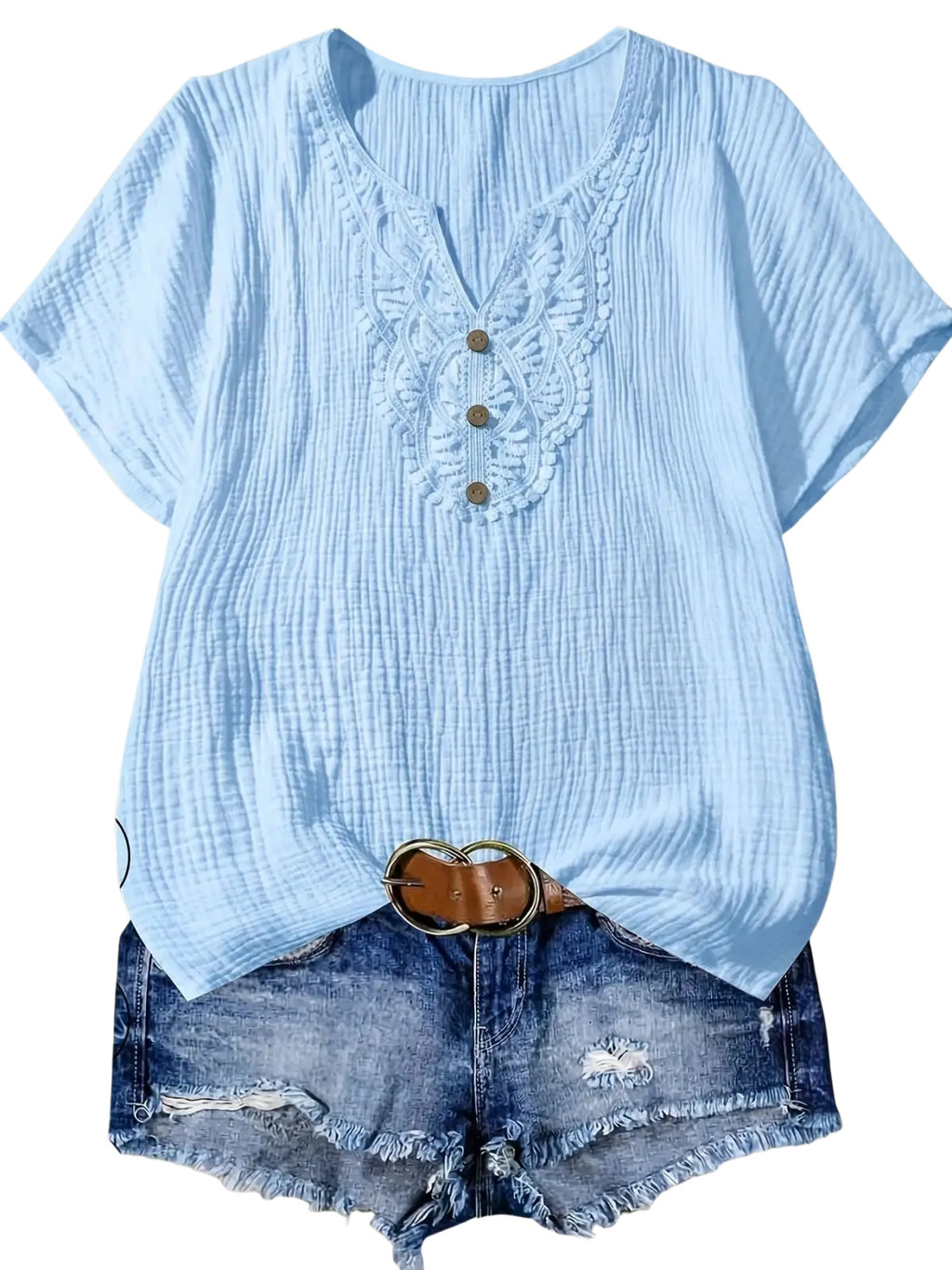 Women cotton lace v-neck casual short-sleeve shirt in mint green with ribbed texture and white lace detailing