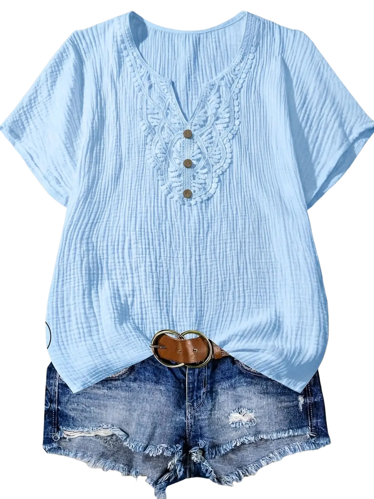 Women cotton lace v-neck casual short-sleeve shirt in mint green with ribbed texture and white lace detailing