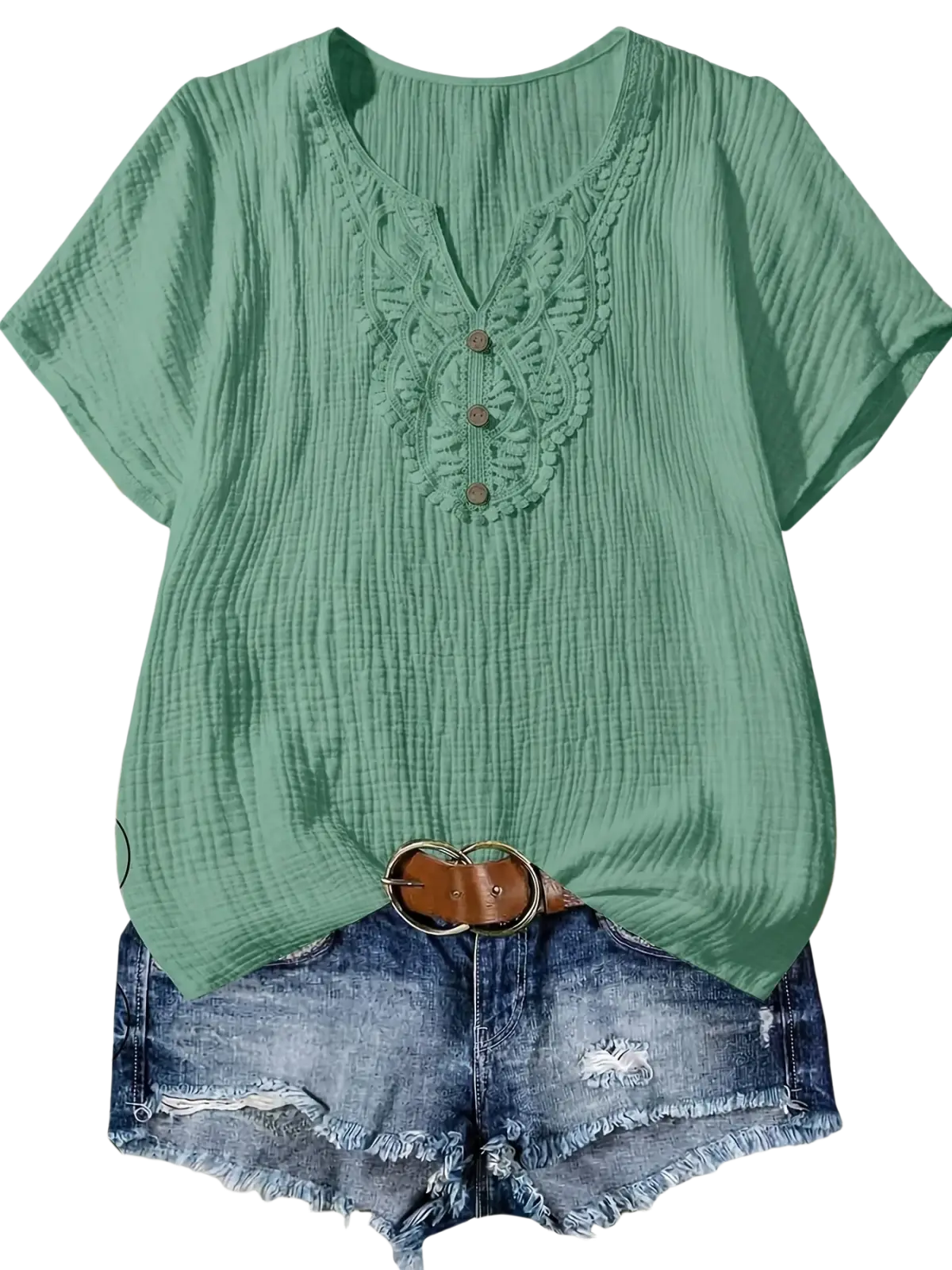 A soft mint green women cotton casual short sleeve shirt with ribbed fabric and lace v neck detailing