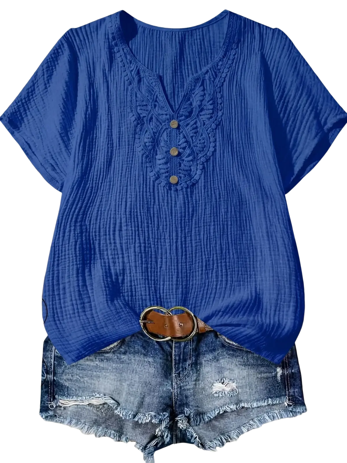 A vibrant royal blue women cotton short-sleeve shirt with ribbed fabric and embroidered v-neckline detailing