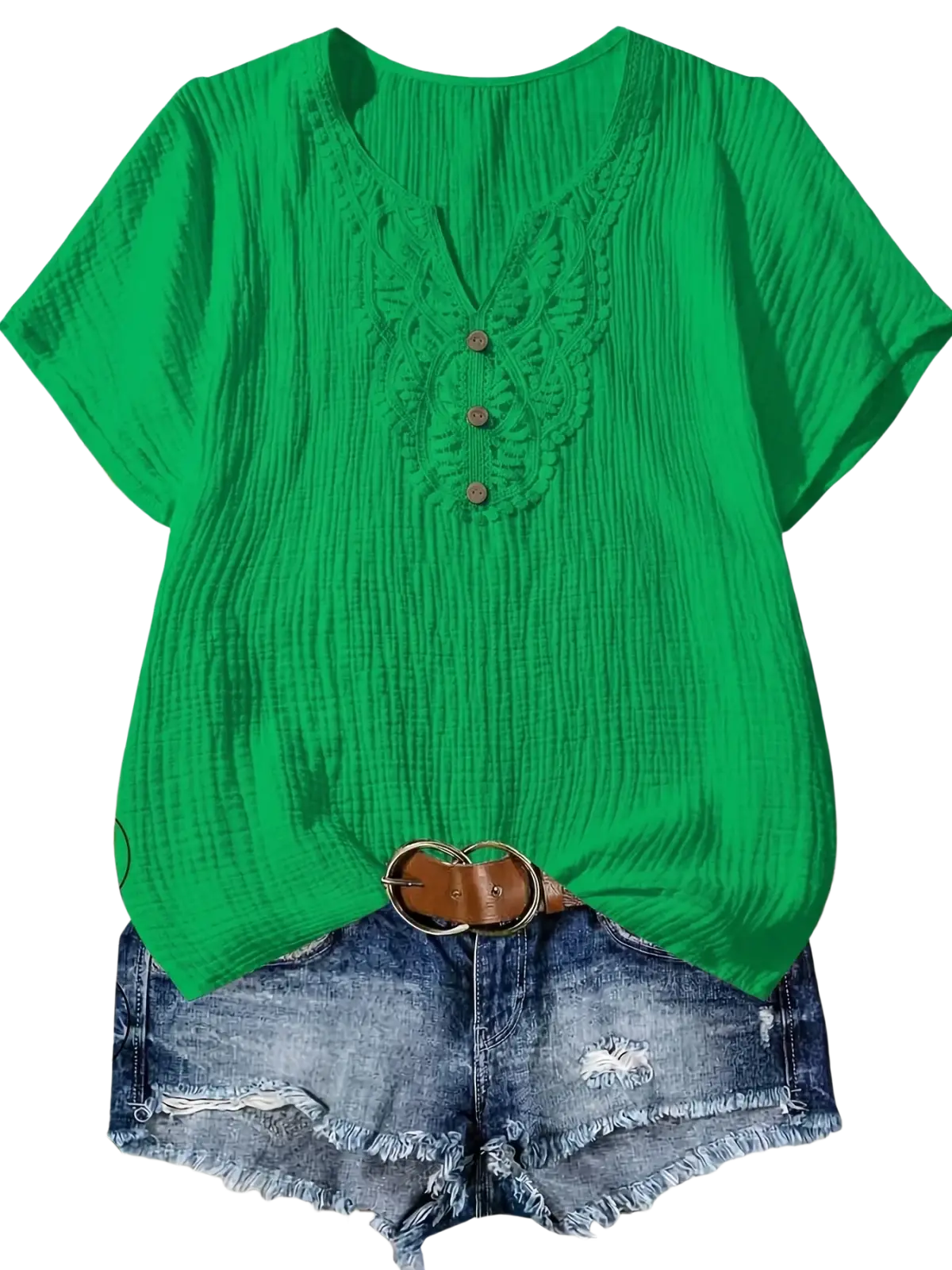 Women cotton lace v-neck casual short-sleeve shirt in vibrant mint green with textured fabric and embroidered yoke details