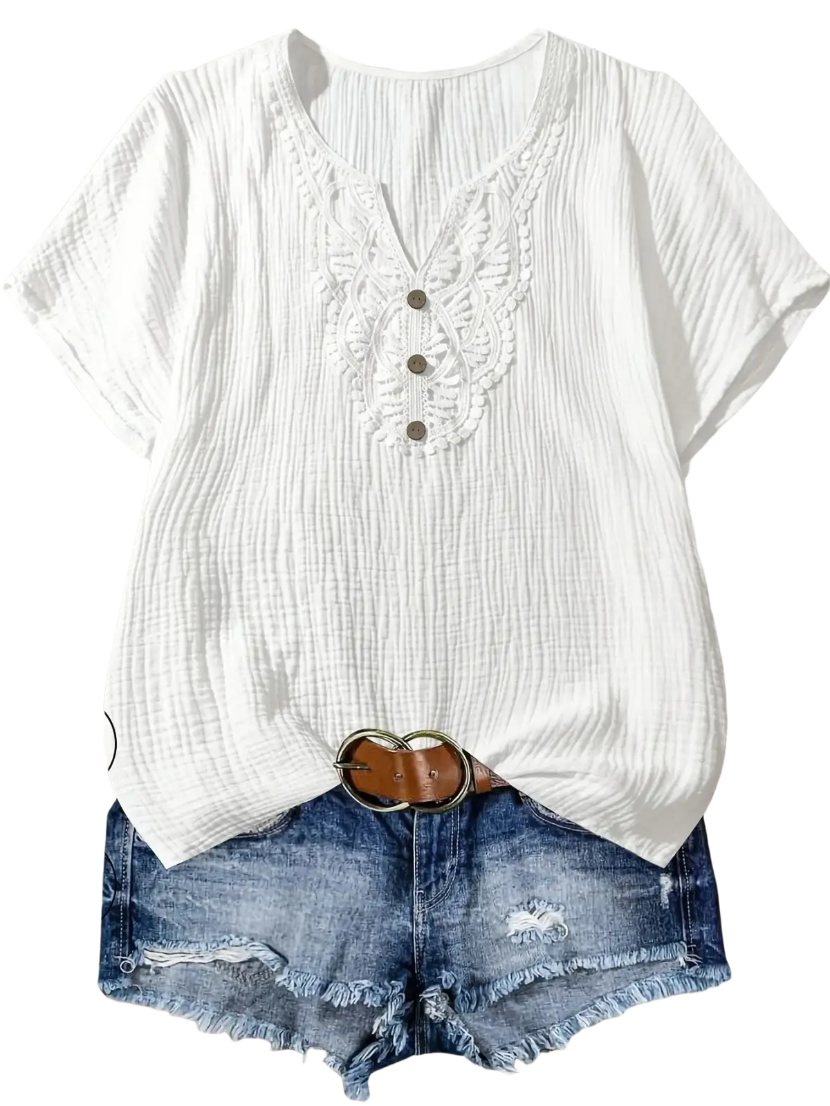 Women cotton lace v-neck casual short sleeve shirt in mint green with textured ribbed fabric and delicate lace detailing