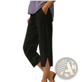 Black linen women cotton loose capri pants with pockets and relaxed fit featuring a subtle side slit
