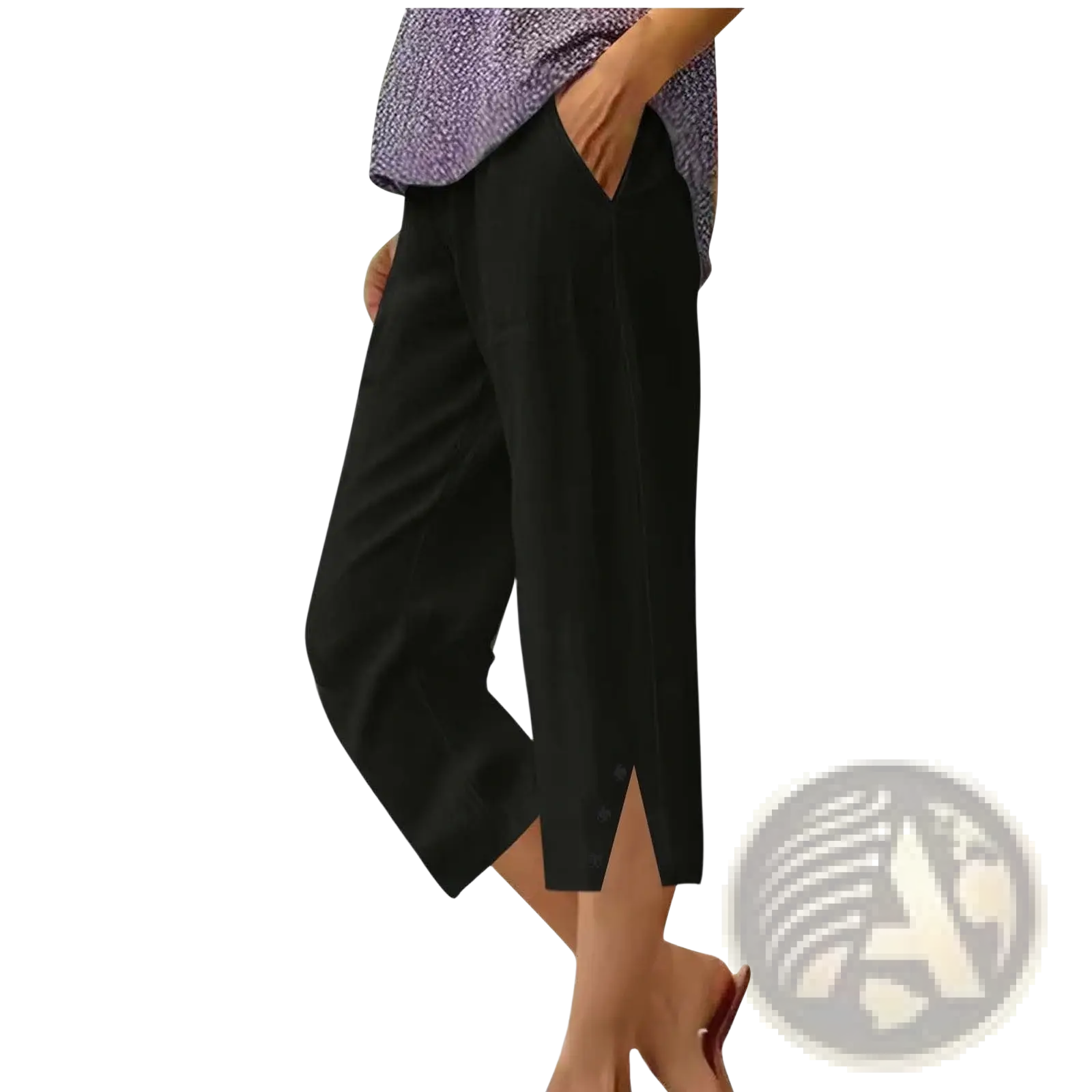 Black linen women cotton loose capri pants with pockets and relaxed fit featuring a subtle side slit