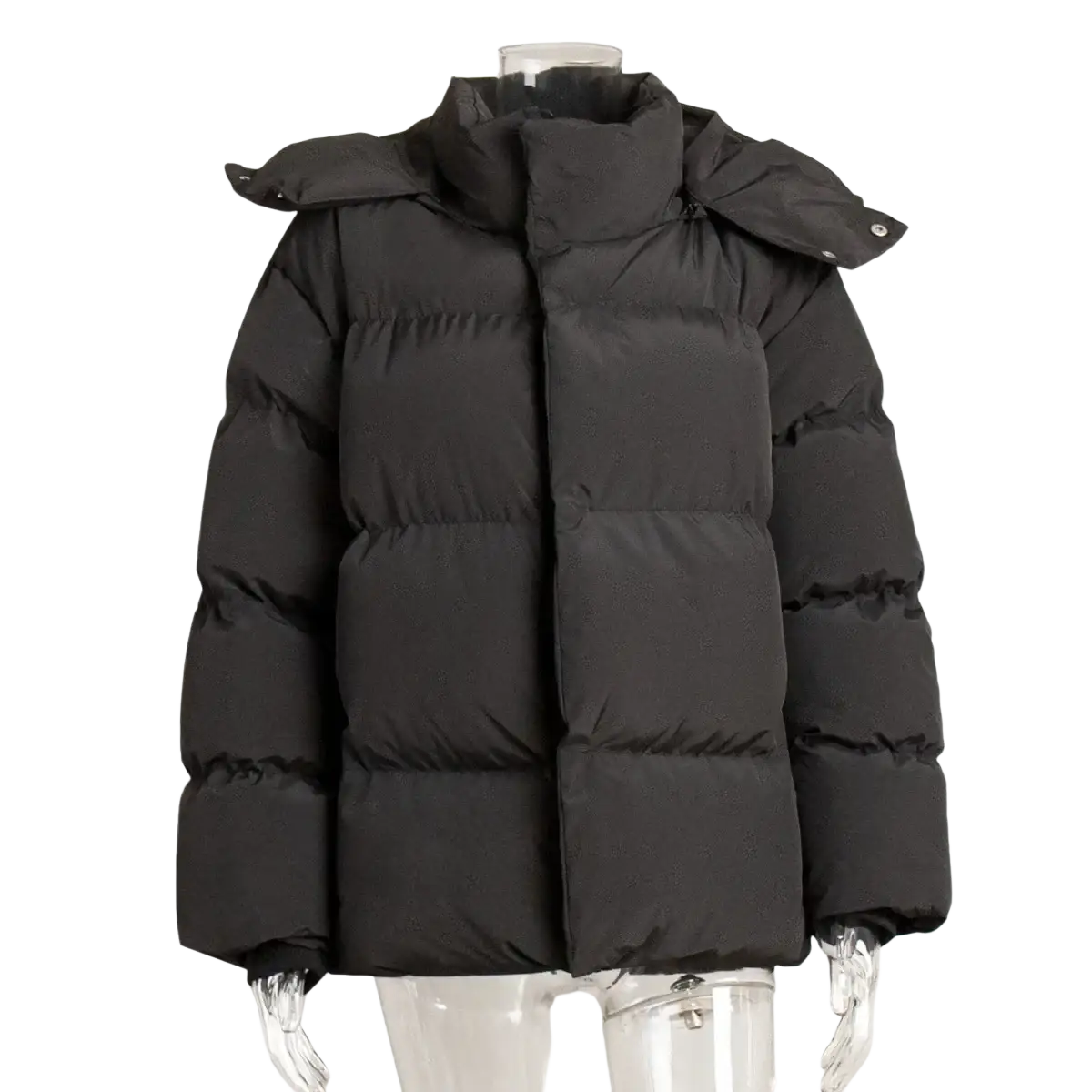 Black cotton padded women winter puffer coat with quilted design and detachable hood shown from the back side