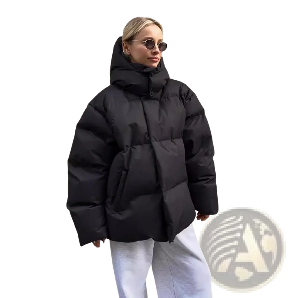 Black women cotton padded hooded winter puffer coat with high collar and quilted design shown from the back side