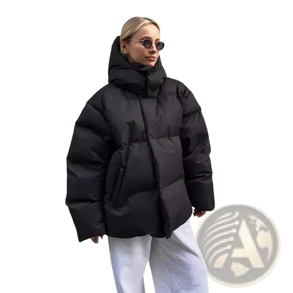 Black women cotton padded hooded winter puffer coat with high collar and quilted design shown from the back side