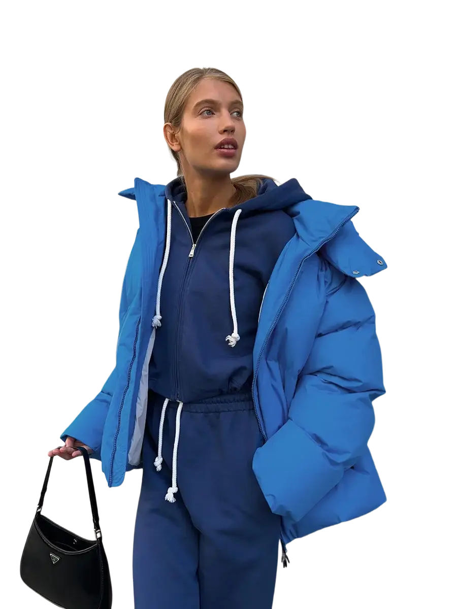Blue cotton padded hooded winter puffer coat with white drawstrings for women shown from the back side