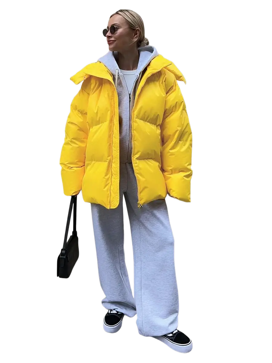 Bright yellow women cotton padded hooded winter puffer jacket with quilted design for cold weather use