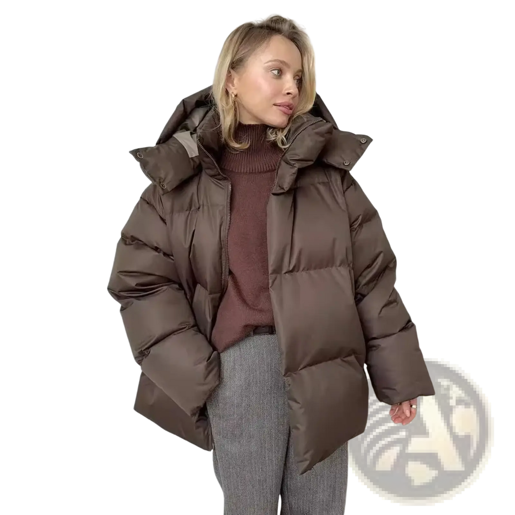 A cozy chocolate brown women cotton padded hooded winter puffer coat with quilted design and detachable hood
