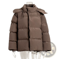 Brown women cotton padded hooded winter puffer coat with quilted design and attached hood shown from the back side