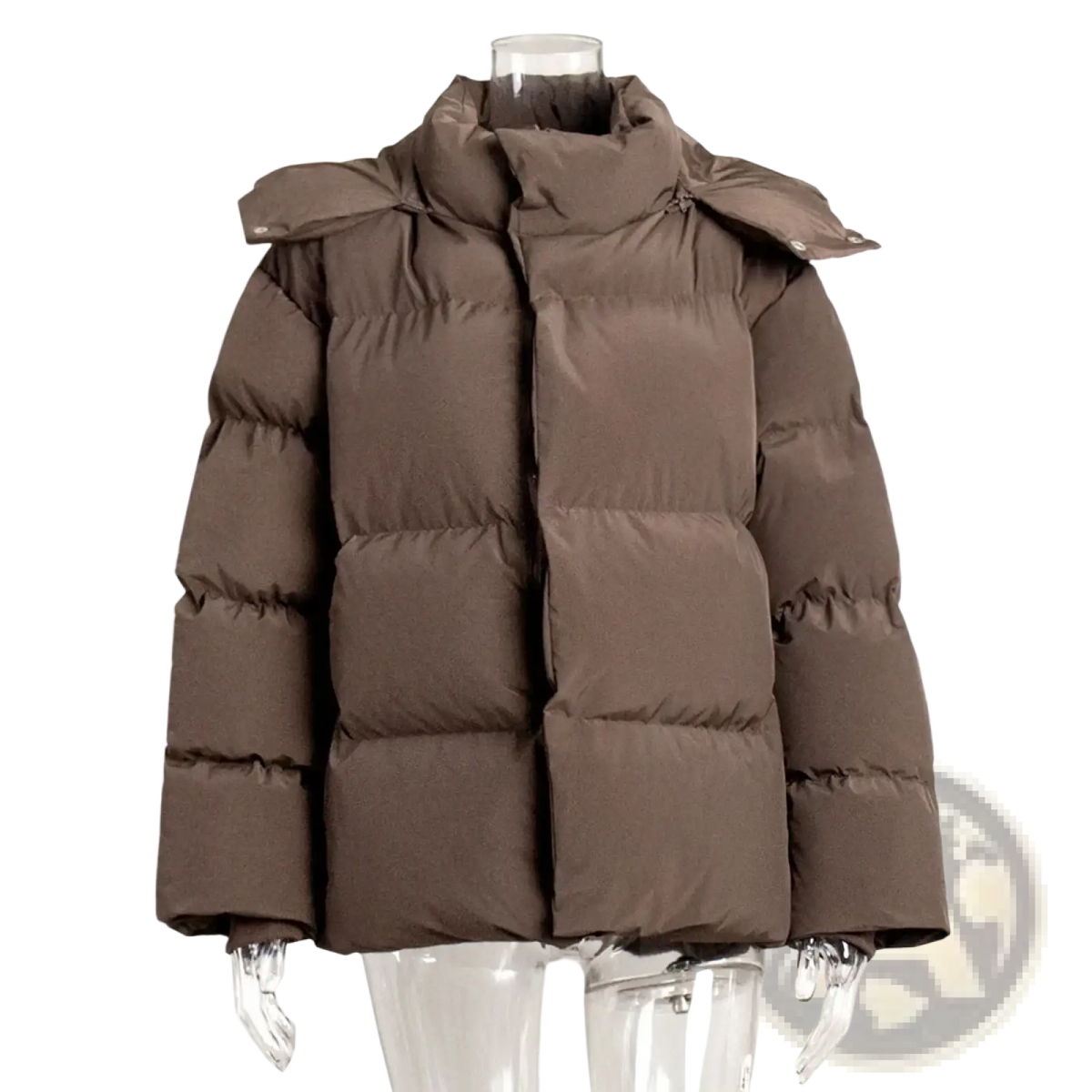 Brown women cotton padded hooded winter puffer coat with quilted design and attached hood shown from the back side