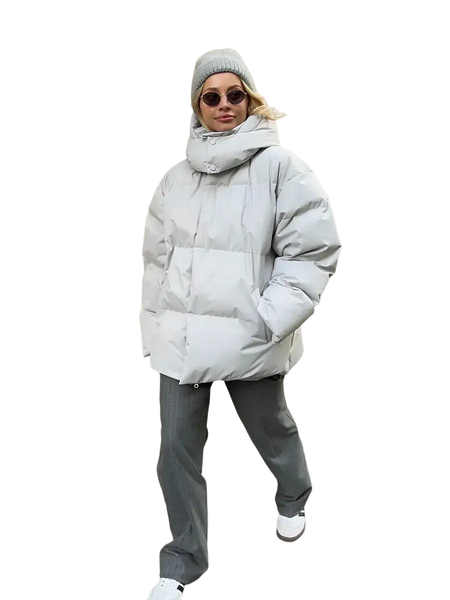 Light gray women cotton padded winter puffer coat with hood and quilted design for cold weather use