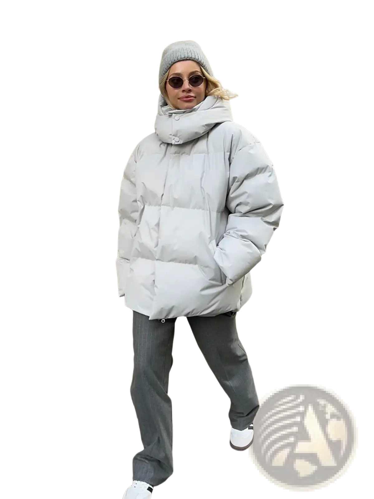 Light gray women cotton padded winter puffer coat with hood and quilted design for cold weather use