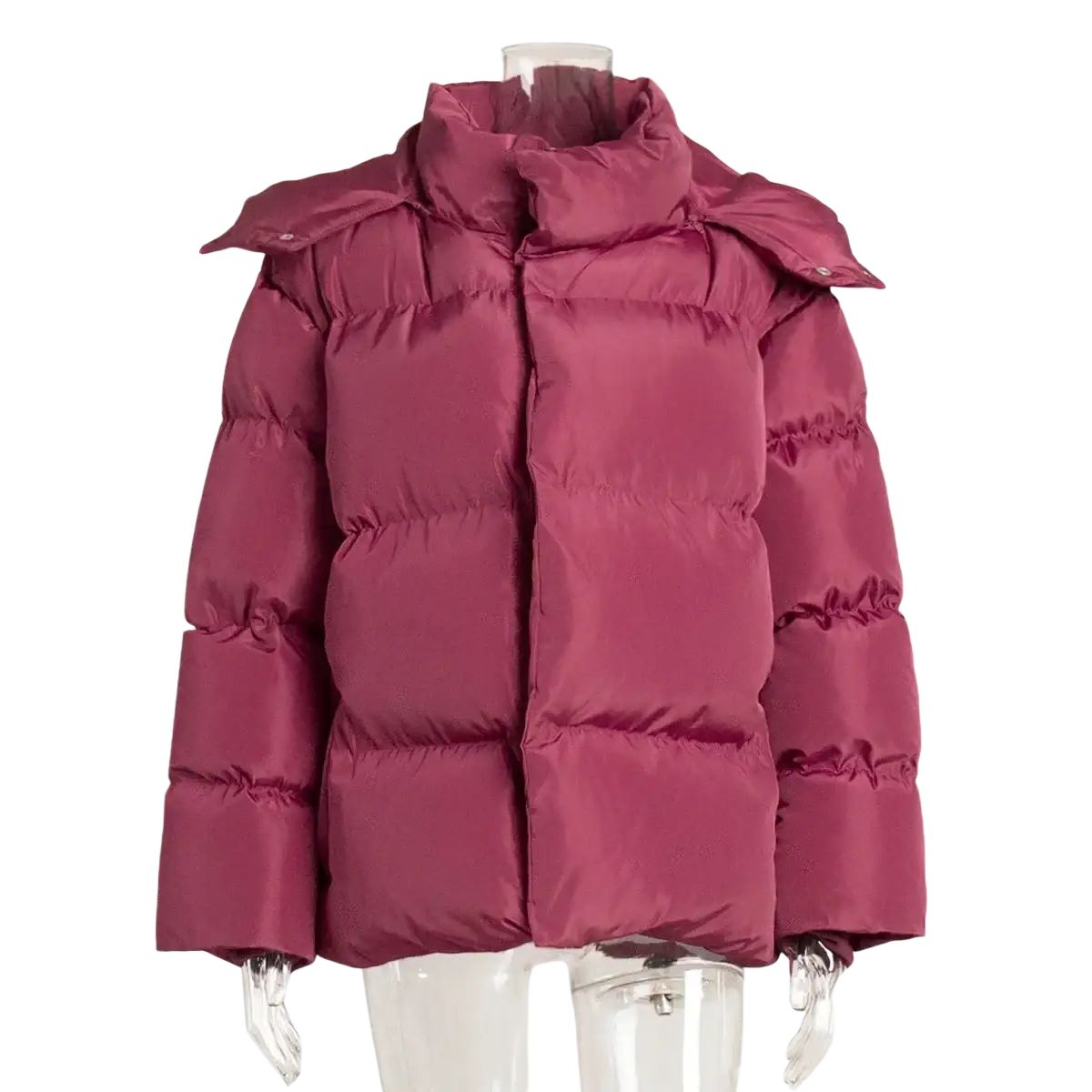 A women cotton padded hooded winter puffer coat in maroon with quilted design and attached hood
