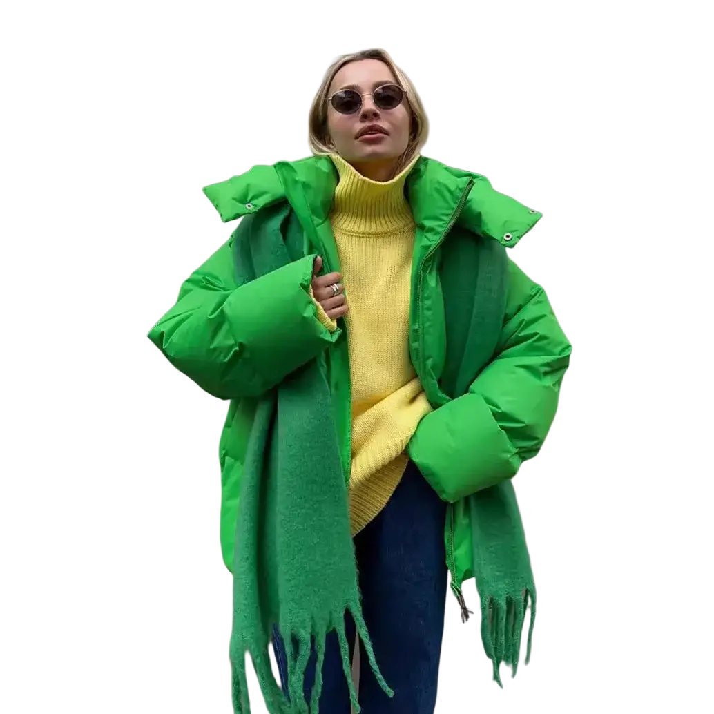 Women cotton padded hooded winter puffer coat in vibrant green paired with a fringed scarf for cold weather use