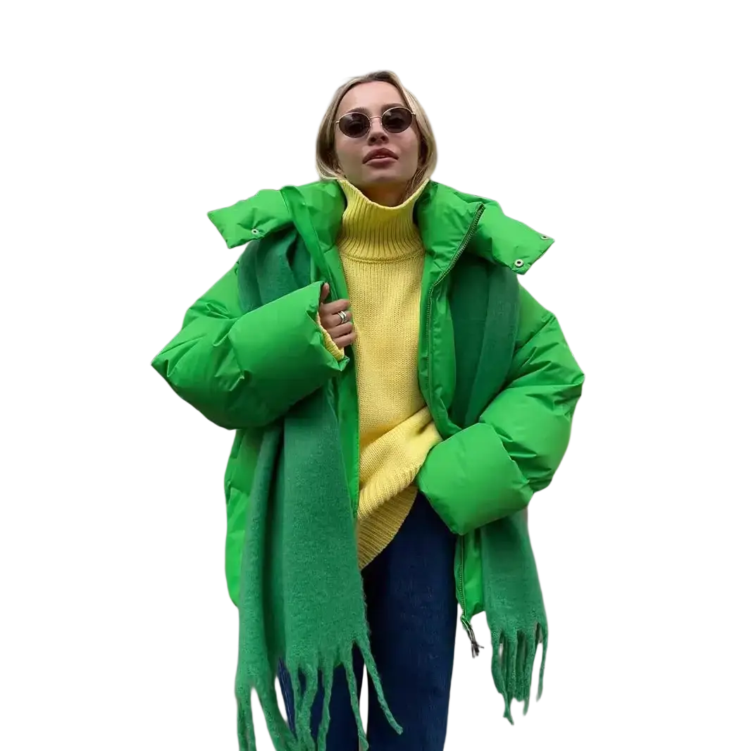 Vibrant green women cotton padded hooded winter puffer coat with high collar and fringed scarf draped over shoulders