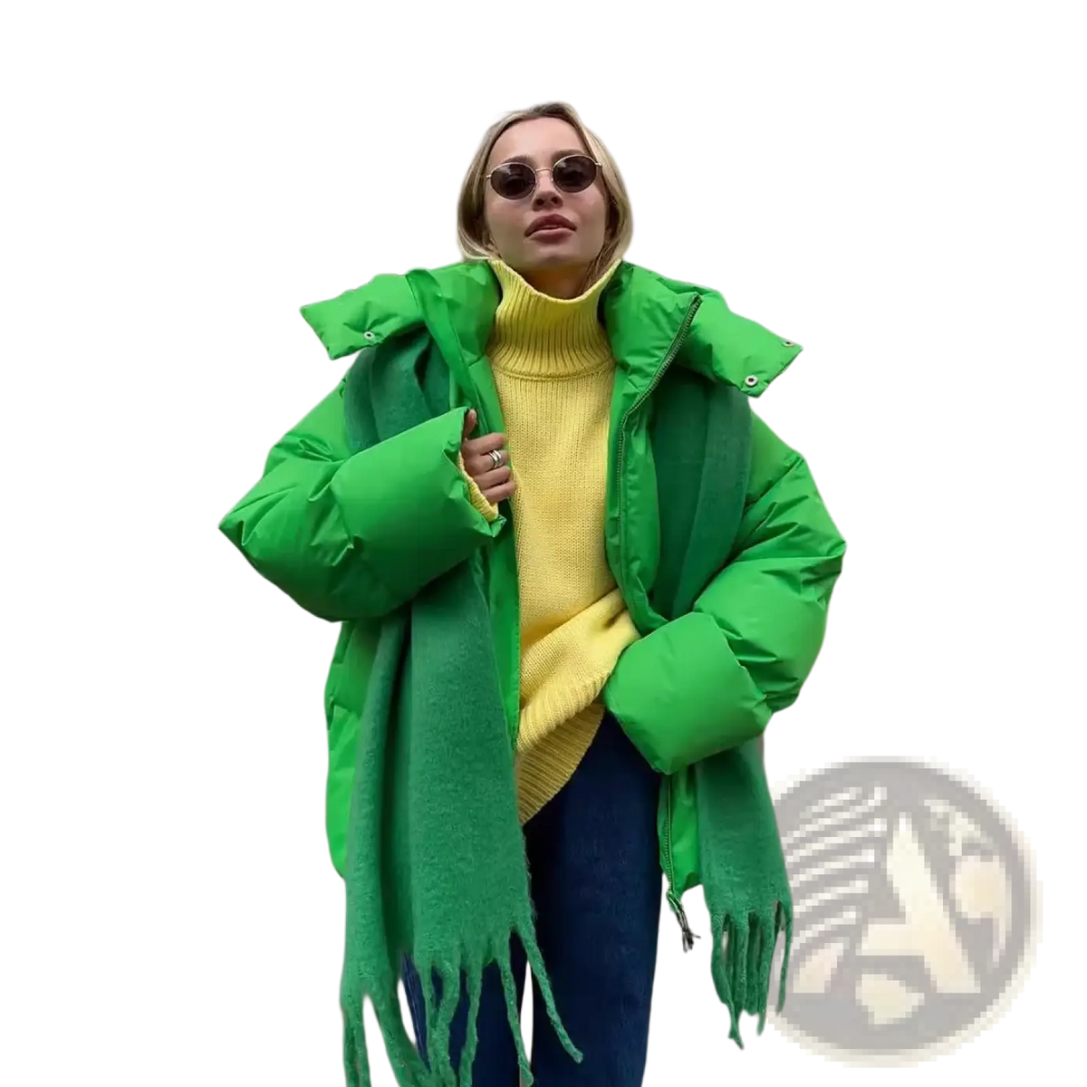 Vibrant green women cotton padded hooded winter puffer coat with high collar and fringed scarf draped over shoulders