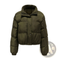 Women cotton olive green puffer jacket with high collar button closures and elastic cuffs for casual outerwear