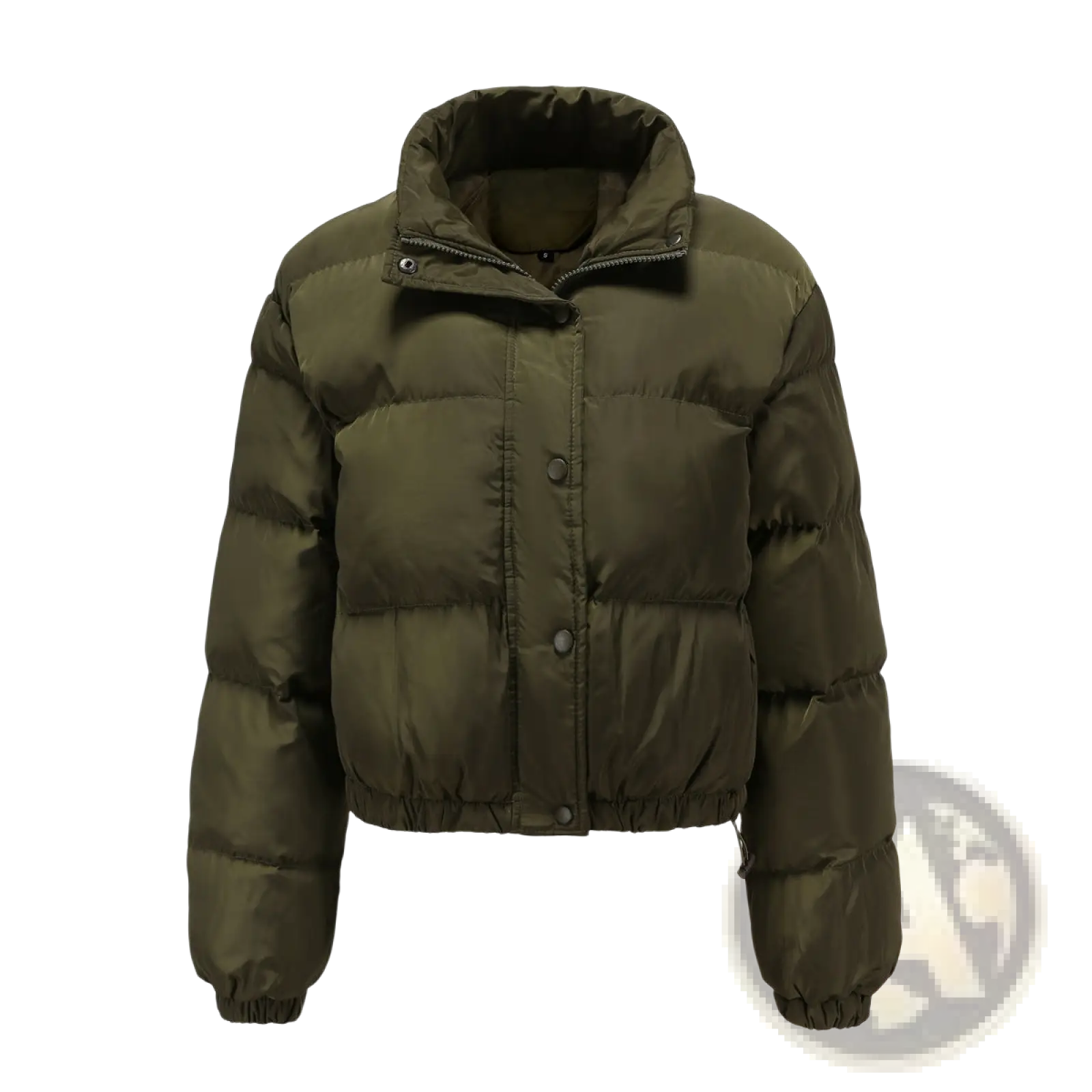 Women cotton olive green puffer jacket with high collar button closures and elastic cuffs for casual outerwear