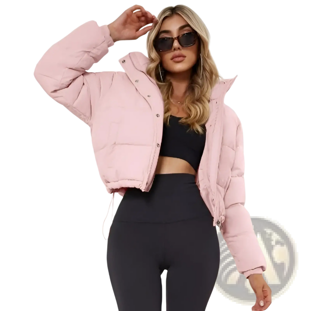 Pink women cotton puffer jacket with quilted design and button closure for loose casual outerwear