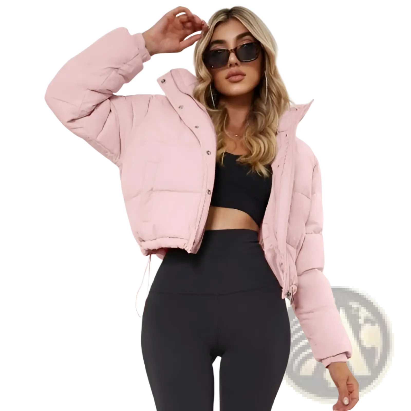 Pink women cotton puffer jacket with quilted design and button closure for loose casual outerwear
