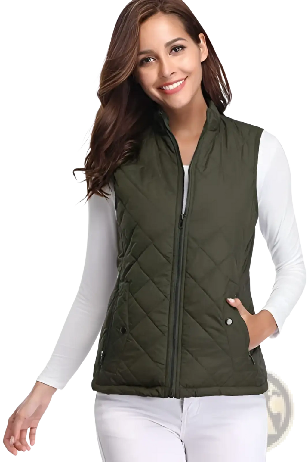 Women cotton olive green quilted vest with stand collar front zipper and side pockets for casual wear