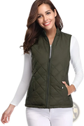 Women cotton olive green quilted vest with stand collar front zipper and side pockets for casual wear