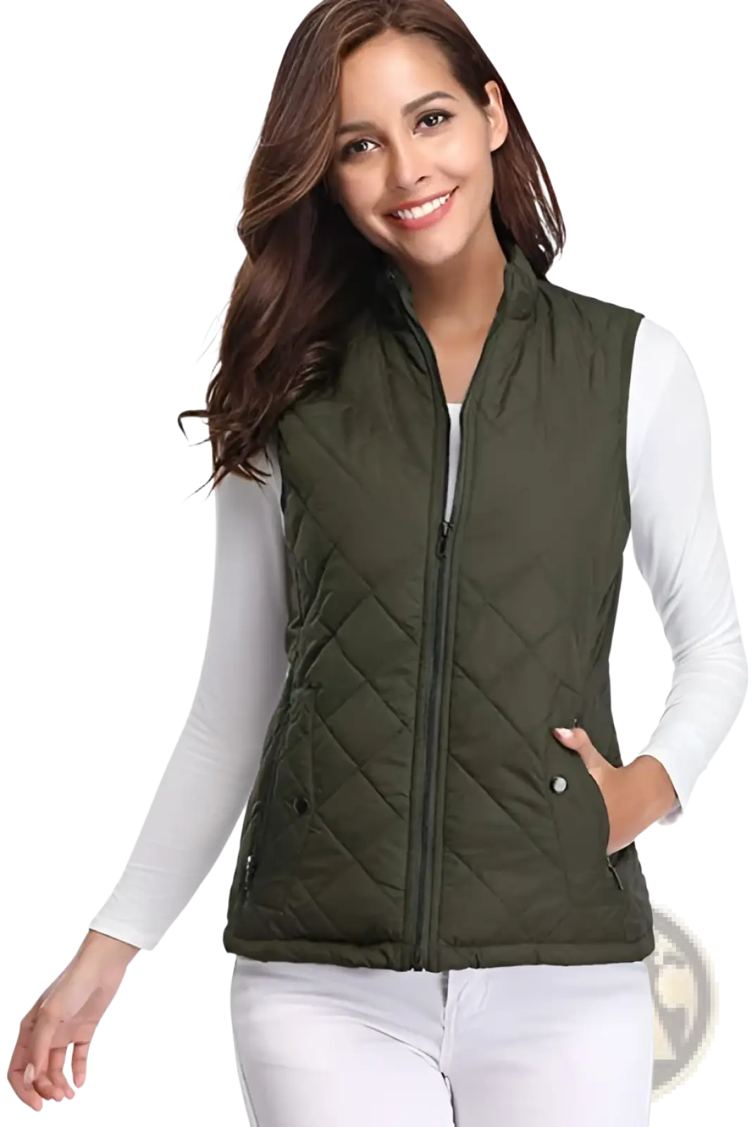 Women cotton olive green quilted vest with stand collar front zipper and side pockets for casual wear