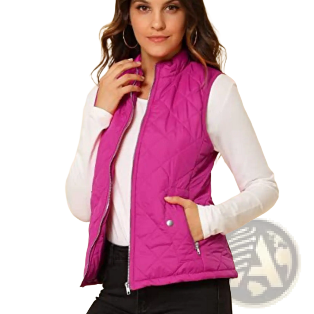 Women cotton quilted vest in vibrant fuchsia with stand collar, front zipper, pockets, and silver-toned hardware