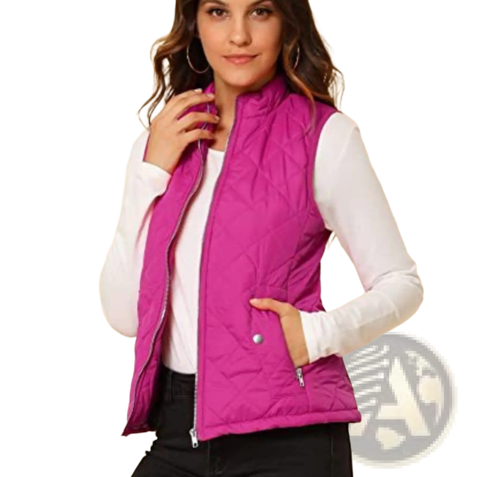 Women cotton quilted vest in vibrant fuchsia with stand collar, front zipper, pockets, and silver-toned hardware