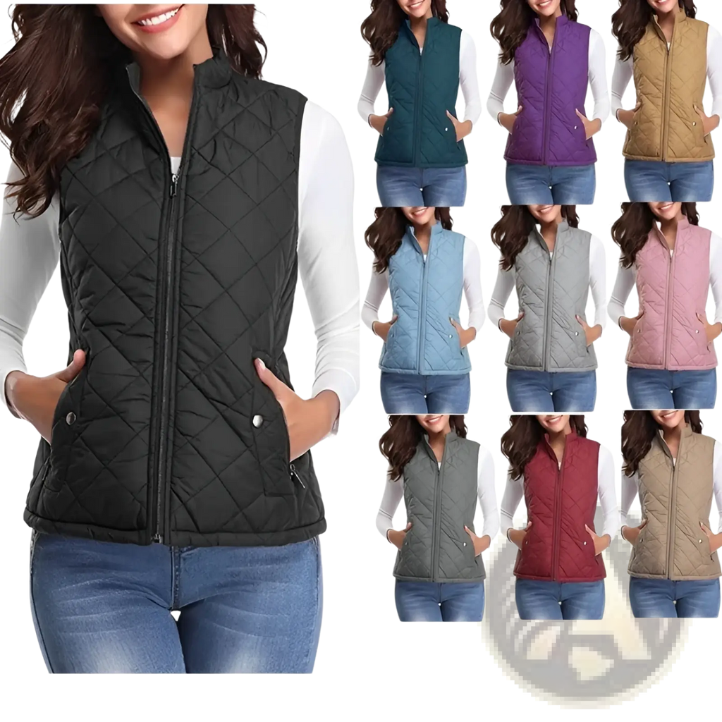Black cotton quilted vest with stand collar front zipper and pockets for women