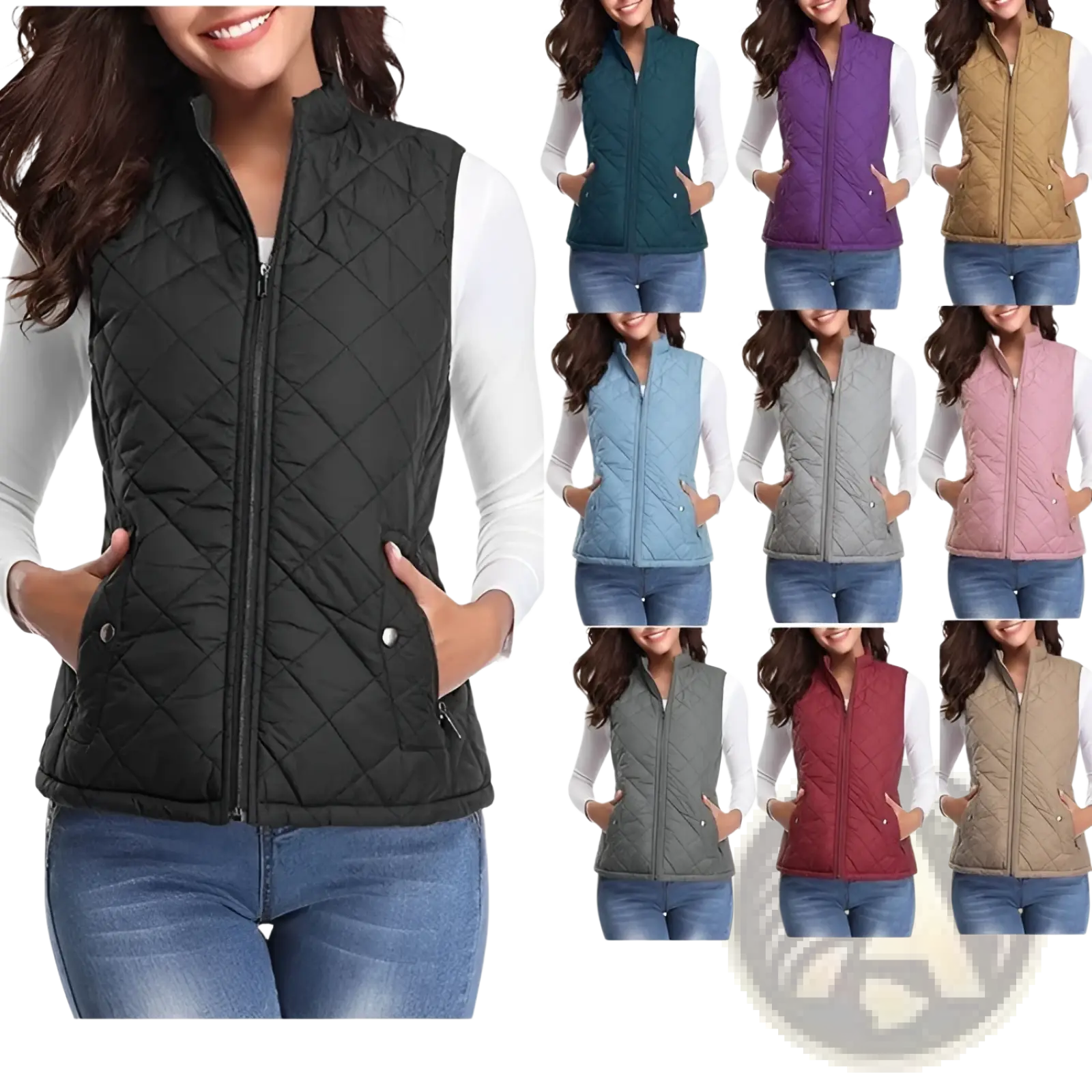 Black cotton quilted vest with stand collar front zipper and pockets for women