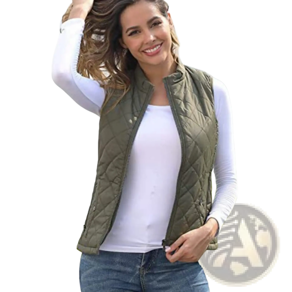 Olive green cotton quilted women vest with stand collar, front zipper, button closures, and pockets