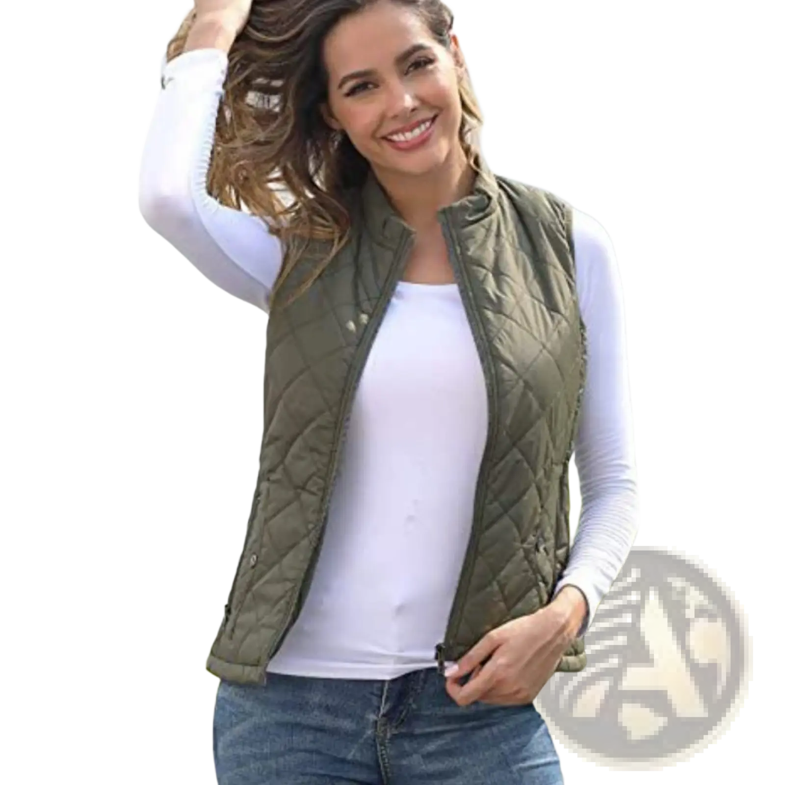 Olive green cotton quilted women vest with stand collar, front zipper, button closures, and pockets