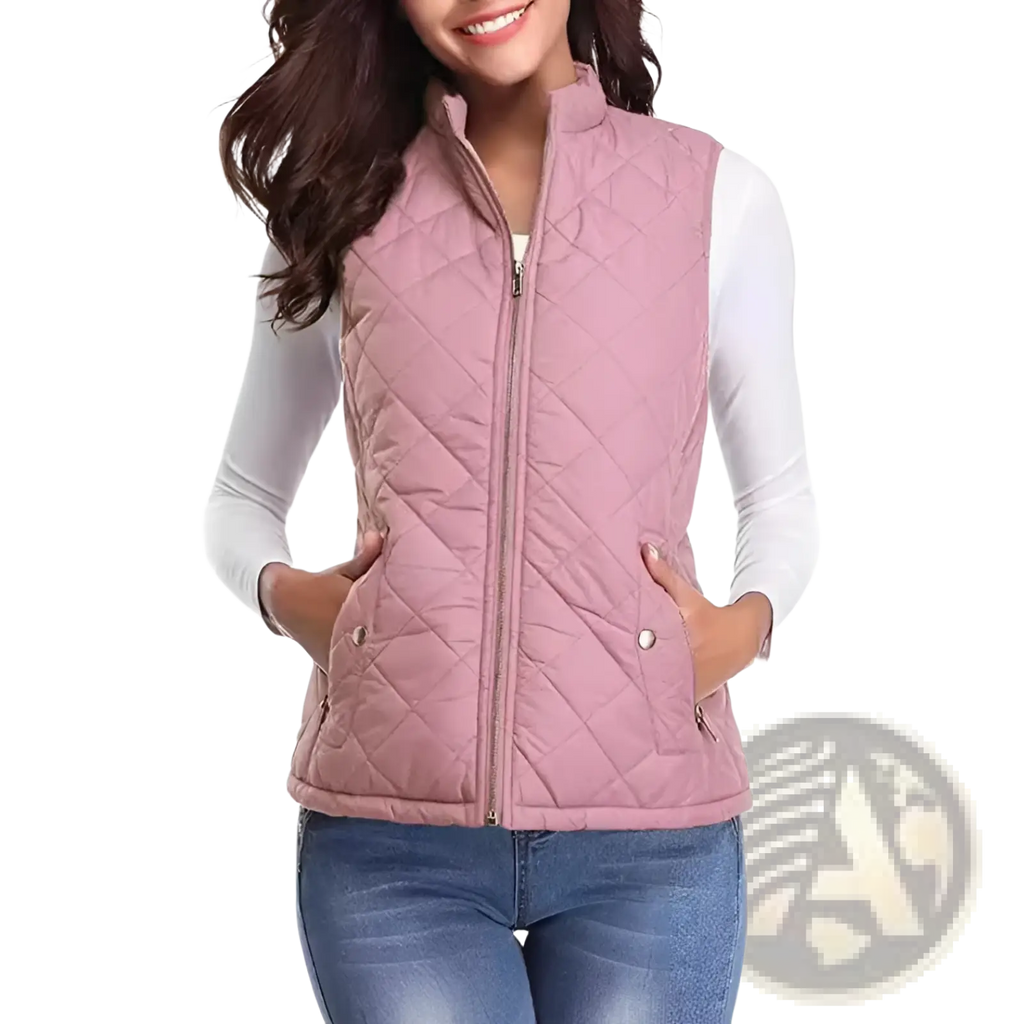 A pink cotton quilted women vest with stand collar front zipper and two side pockets