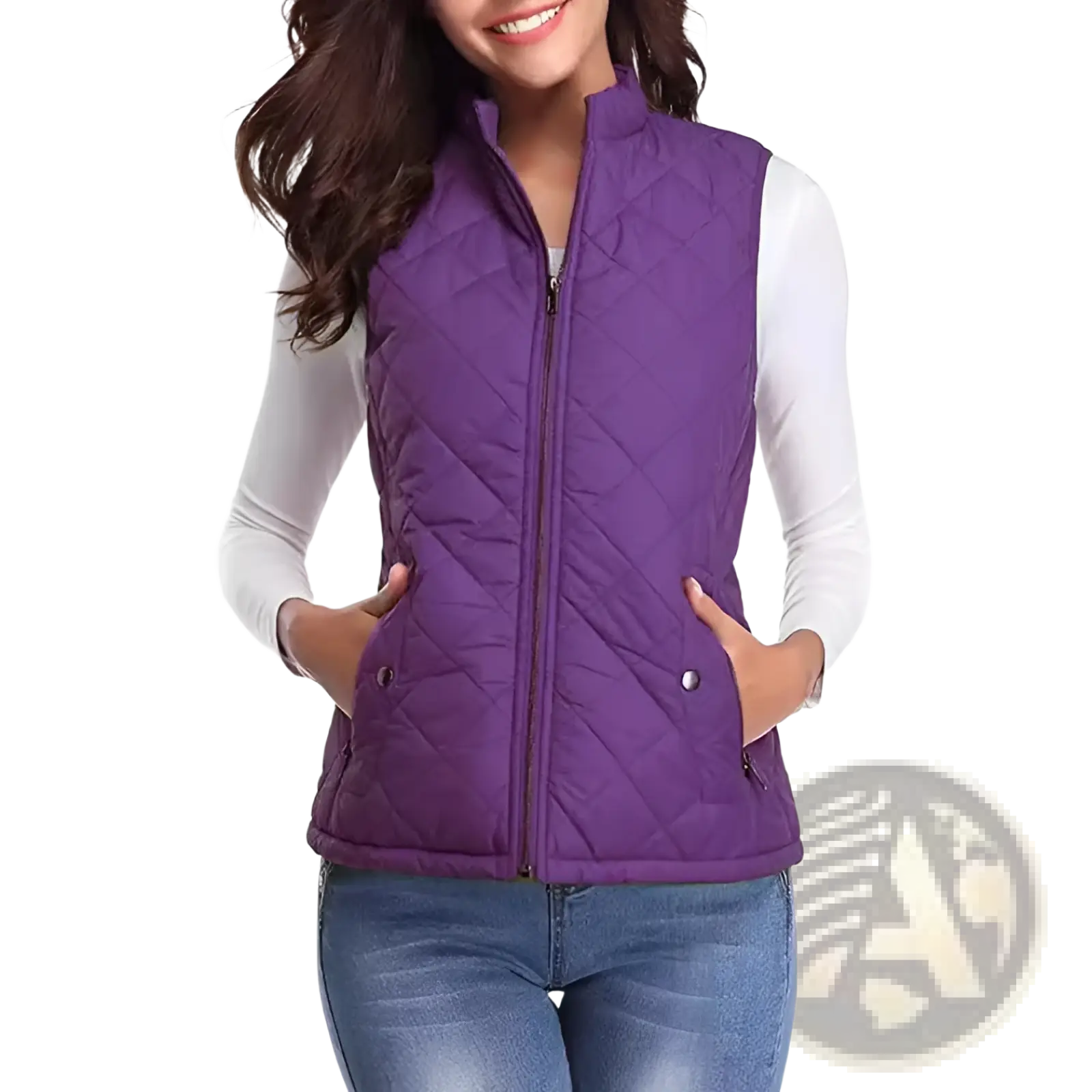 Women cotton quilted vest in purple with stand collar, zip front, two pockets, and silver-toned zipper pulls