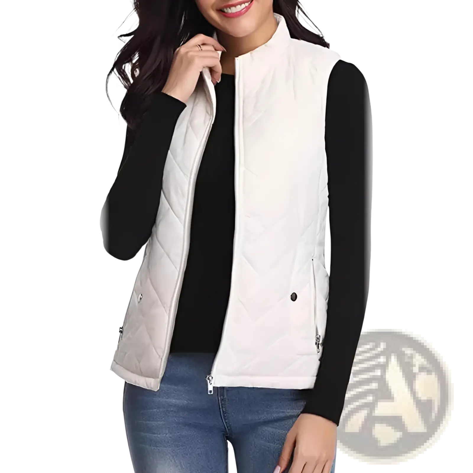 White cotton quilted puffer vest with stand collar front zipper and side pockets for women