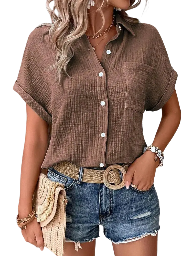 Women cotton short sleeve button up shirt in brown textured fabric with white buttons and a chest pocket