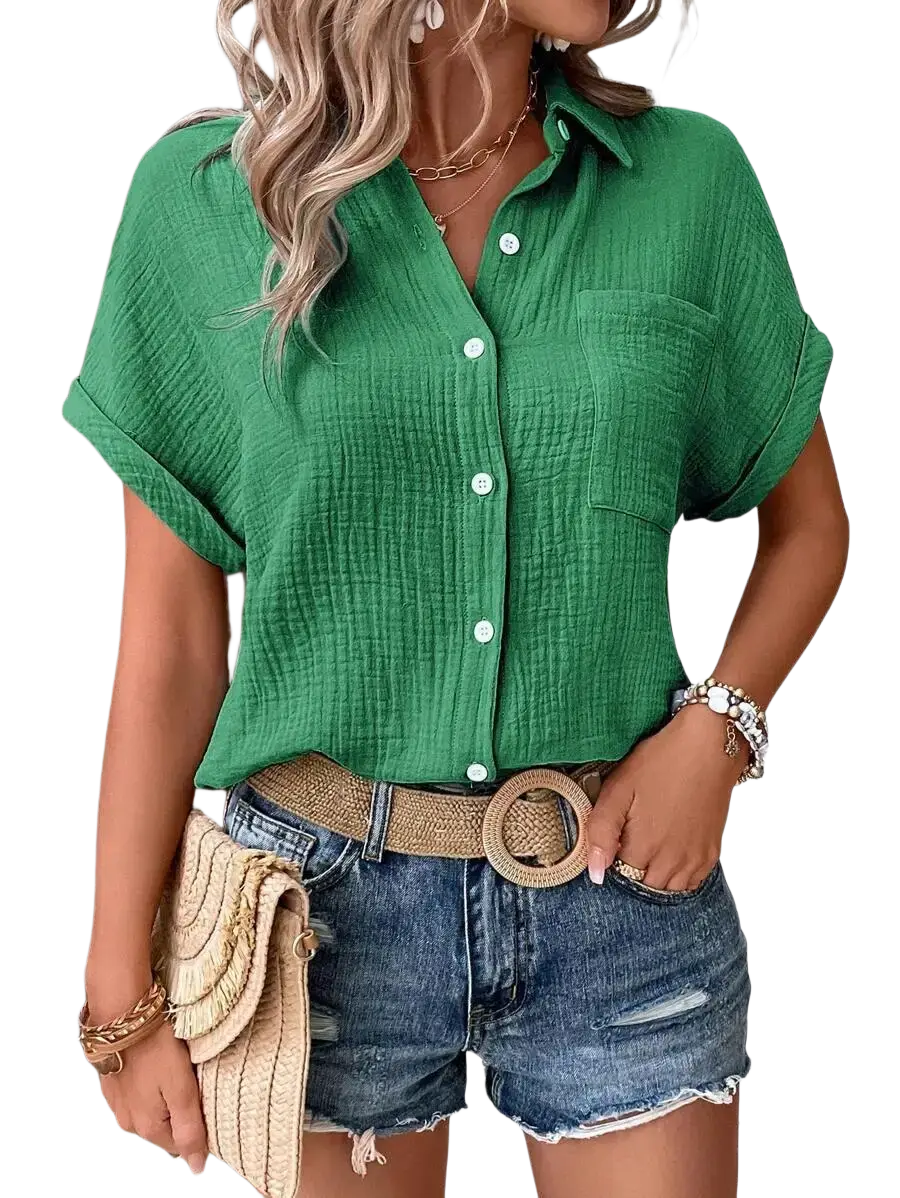 Women cotton short sleeve button up shirt in green textured fabric with short sleeves and a casual design
