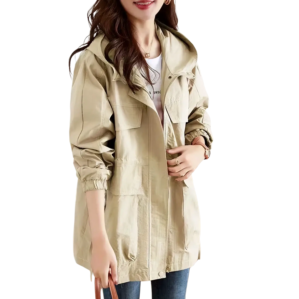 Beige cotton women trench coat loose casual outerwear with hood elastic cuffs and multiple front pockets utility style