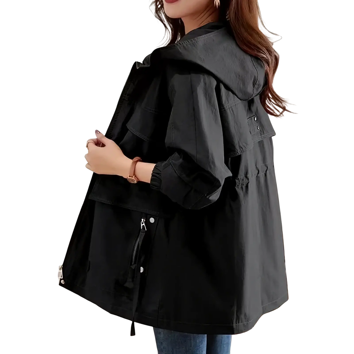 Black hooded cotton trench coat with adjustable cuffs and front zipper pockets for loose casual outerwear women