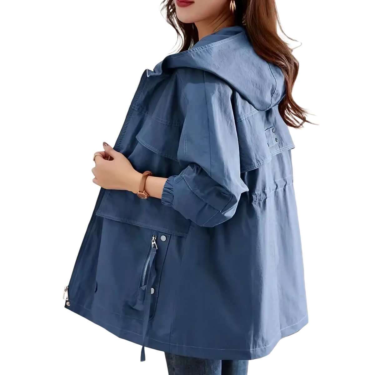 Women cotton trench coat in blue denim with hood elastic cuffs and front zipper pockets for casual outerwear