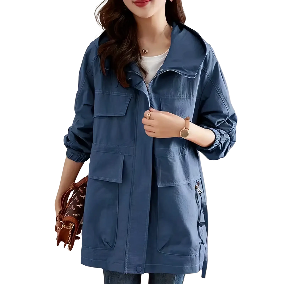 Blue cotton utility jacket with multiple pockets and elastic cuffs women cotton trench coat casual outerwear