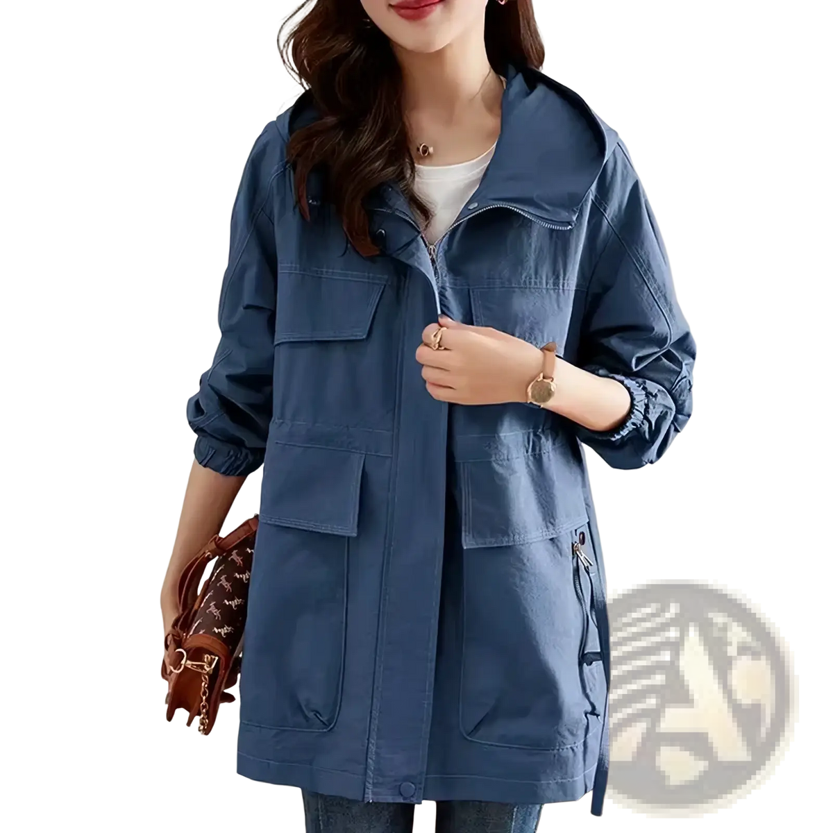 Blue cotton utility jacket with multiple pockets and elastic cuffs women cotton trench coat casual outerwear