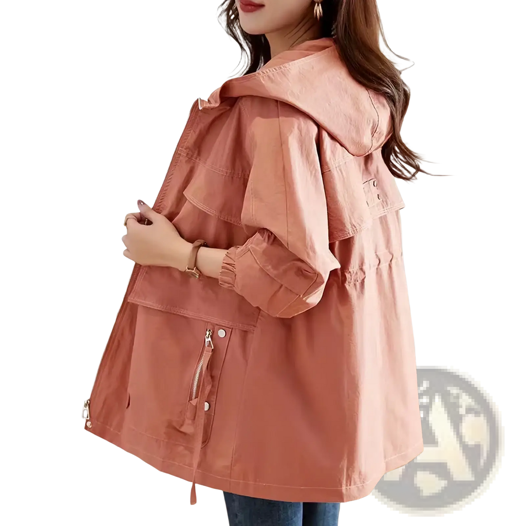 Women cotton trench coat loose casual outerwear soft peach lightweight hooded jacket with elastic cuffs and front zipper pocket