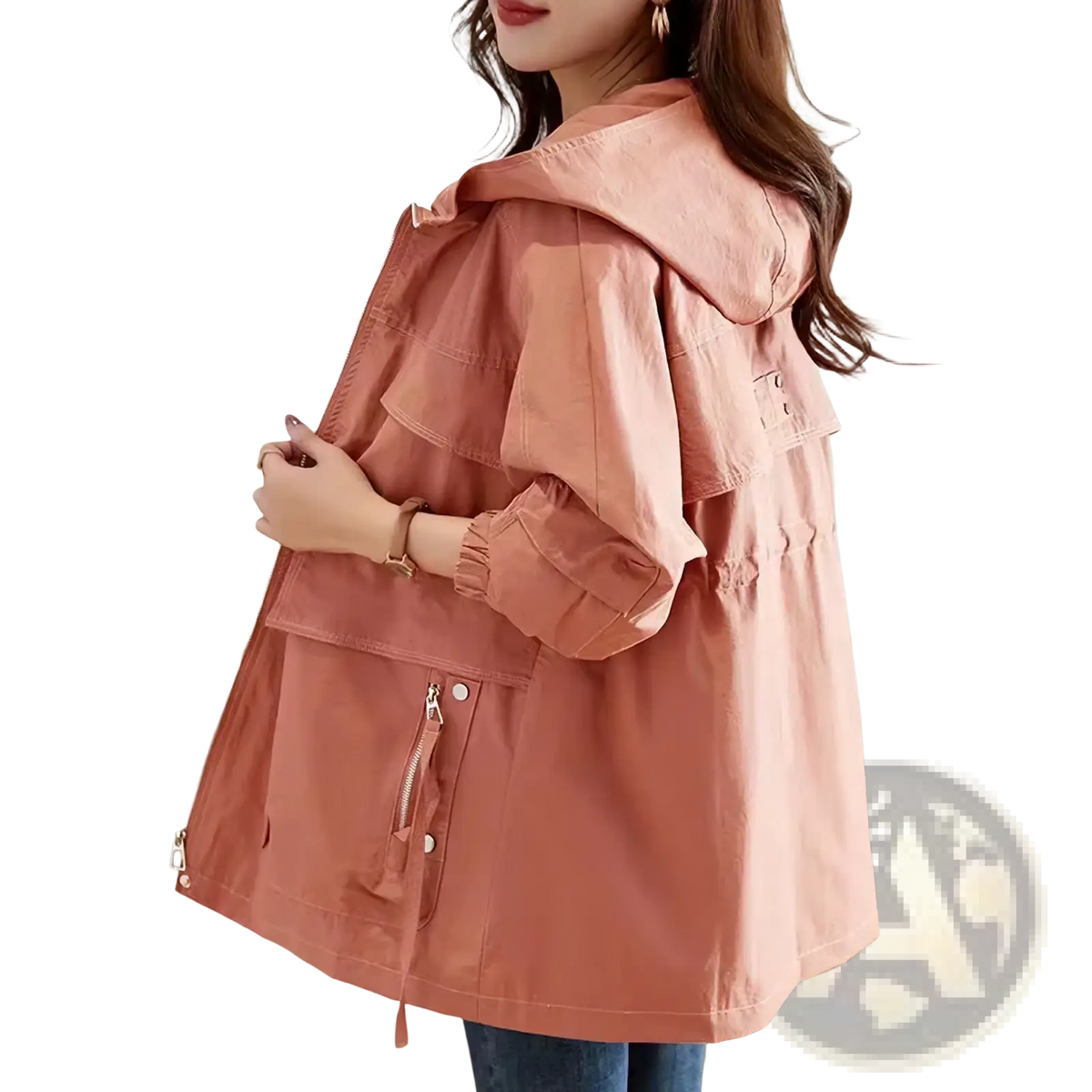 Women cotton trench coat loose casual outerwear soft peach lightweight hooded jacket with elastic cuffs and front zipper pocket