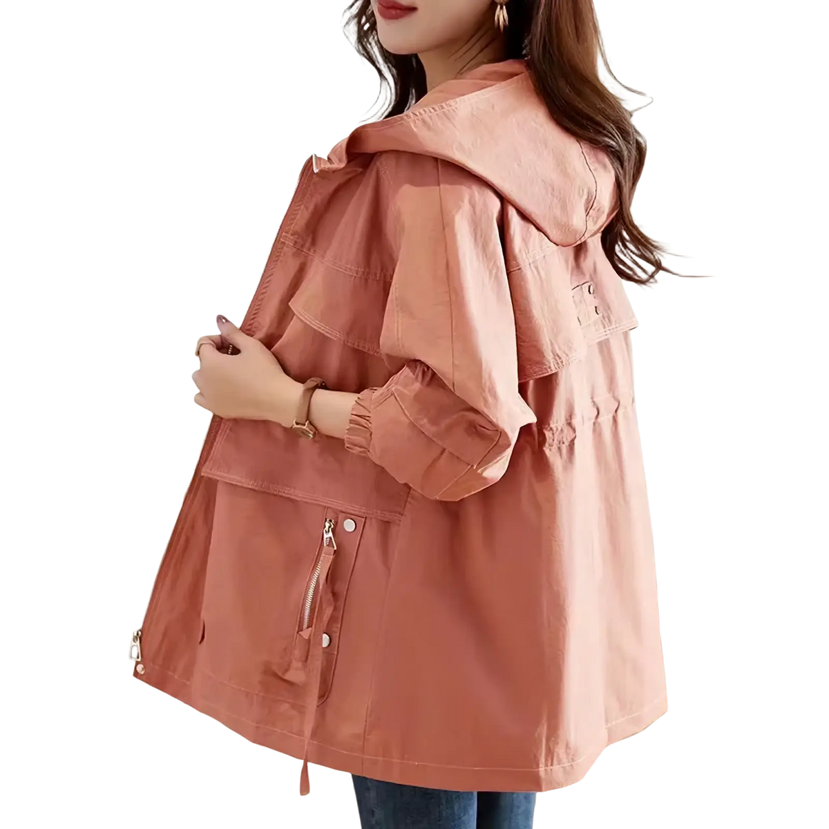 Women cotton trench coat loose casual outerwear soft peach lightweight hooded jacket with elastic cuffs and front zipper pocket